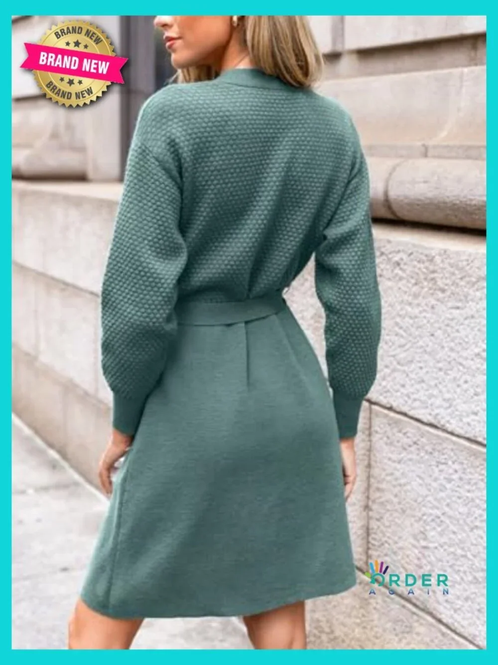 Ribbed Knit Sweater Dress V Neck Long Sleeve Belted Fitted A Line Midi